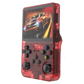 MR. GADGETS Consola R36S de Videojuegos Retro Portátil, Sistema Operativo ArkOS, Pantalla 3.5", IPS 64GB+15,000 Juegos Clásicos de Mano Retro Handheld, Game Console (Rojo Transparente)