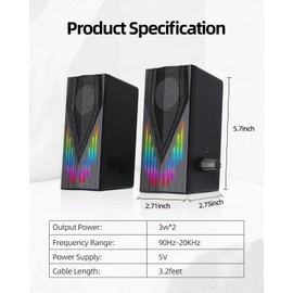 Uakinat Computer Speakers with 6 Colorful RGB Lights,USB Powered 3.5mm Aux with Loud Stereo Sound,Headphone-in for Desktop,PC/Laptop/Tablet Phone