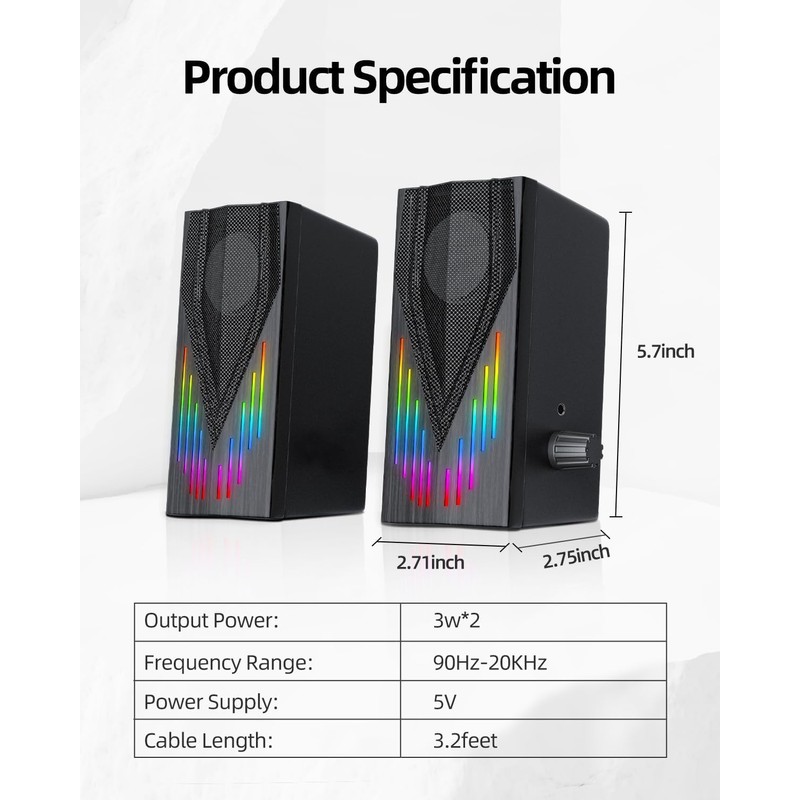 Uakinat Computer Speakers with 6 Colorful RGB Lights,USB Powered 3.5mm