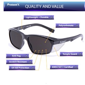 ProtectX Super Light Safety Glasses, Voyager Tinted Smoke Scratch Resistant Anti-Fog Lenses, Black Retro Frames, ANSI Z87.1 Rated, UV Protection, Rubber Nose Pads, Temple Guards