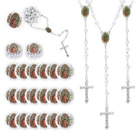 24 Pcs Rosaries Catholic Rosary Beads Baptism Favors First Communion Gifts with Gift Box Cross Necklace Carved Religious Items for Church Events Funeral Ceremony Holy Communion Party Supplies (White)