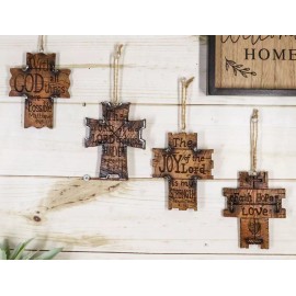 Set Of 4 Rustic Christian Bible Verses Faux Wood Christmas Tree Cross Ornaments