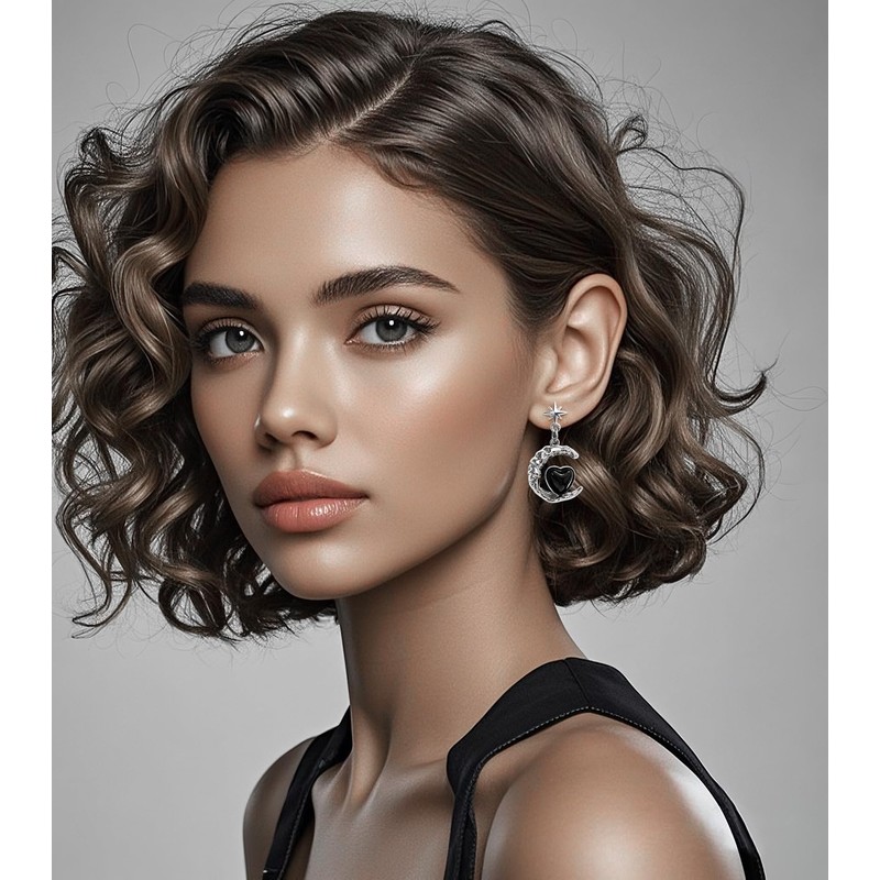 Y2K Pink Moon & Black Heart Dangle Earrings with Silver