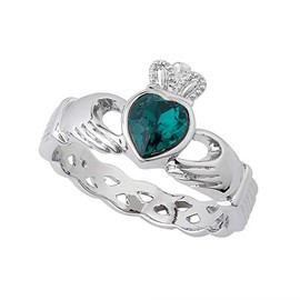 Solvar Rhodium Plated Green Crystal Claddagh Ring/Size 6