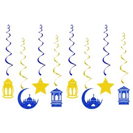 16pcs Eid Mubarak Foil Swirl Hanging, Ramadan Party Decorations Supplies,Eid Mubarak Party Supplies