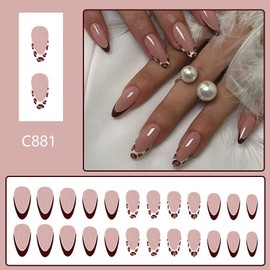 Acrylic Press on Nails Long Almond Fake Nails Leopard Print Coffee Color Glue on Nails False Nails French Gloss Designs Nails Press on Artificial Nails Stick on Nails for Women 24PCS