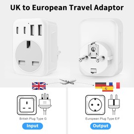 UK To European Plug Adapter,European Travel Adaptor with 2 USB C & 2 USB A,Grounded EU Plug Adapter for Germany Spain France Turkey Greece etc (Type E/F)
