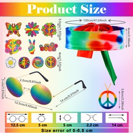 Hotop 15 Pcs 60s 70s Women Men Hippie Costume Set - Tie-dye Tshirt, Peace Sign Necklace, Sunglasses, Headband, Tattoo Pin Buttons