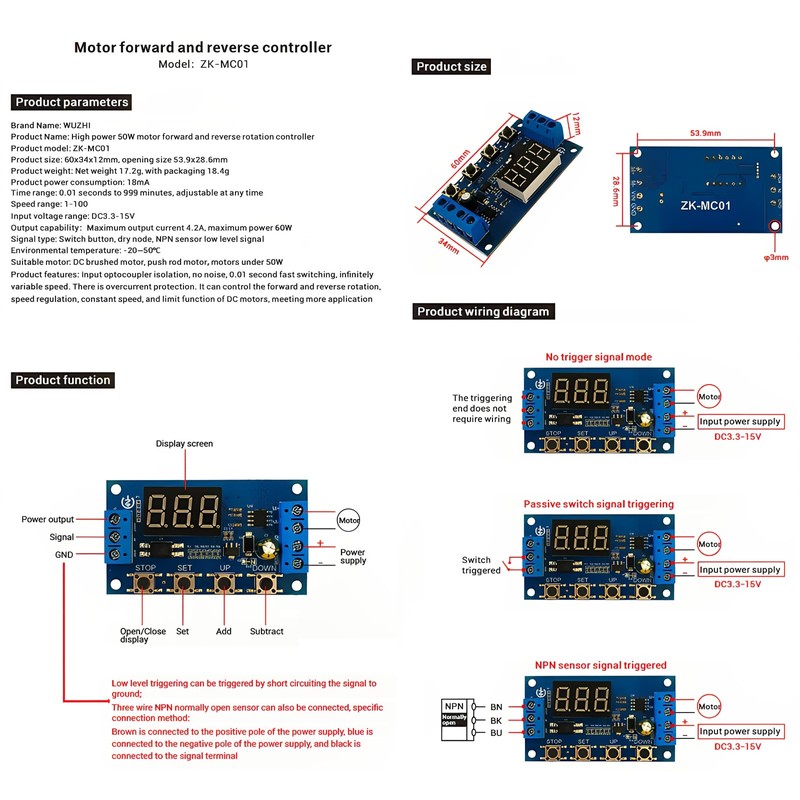Ransanx 2pcs 3.3V-15V DC Motor Controller 50W Forward and Reverse