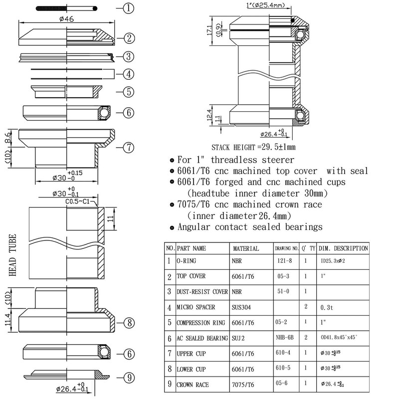 NECO 1" CNC Alloy Threadless 1 Inch Headset, Silver, NC2863