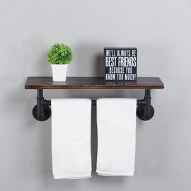 Industrial Pipe Shelving,Iron Pipe Shelves Industrial Bathroom Shelves with Towel bar,24in Rustic Metal Pipe Floating Shelves Pipe Wall Shelf,1 Tier Industrial Shelf Wall Mounted,Retro Black