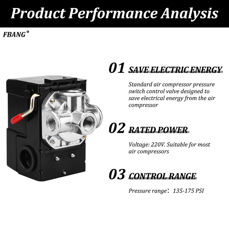 FBANG Air Compressor Pressure Switch Control Valve 135-175 PSI，Horizontal 4-way