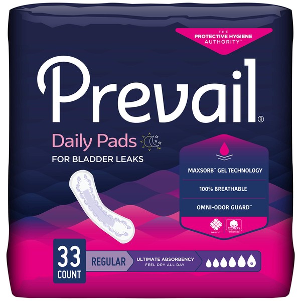Prevail Ultimate Absorbency Incontinence Bladder Control Pads for Women, Regular Length, 33 Count