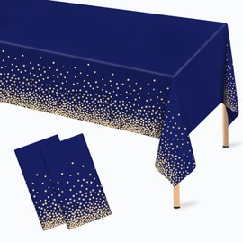 2 Pcs Navy Blue and Gold Plastic Tablecloth for Rectangle Table, 54 × 108 inches Disposable Gold Dot Dark Blue Party Table Covers for Anniversary, Wedding, Fine Dining, Graduation Party Decoration