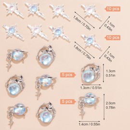 HINZIC 30Pcs Mermaid Eye Nail Charm 3D Sliver Blue Planet Acrylic Nails Spring Summer Alloy Cross Rhinestones Y2K Beach Wedding Engagement Prom Diamond Jewels Decoration for Women Girls