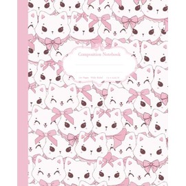 Composition Notebook: Wide Ruled Cute Coquette Cat With Pink Bows For Kawaii Cats Lovers | Pastel Aesthetic School Supplies For Girls Teens and Kids | 110 Pages 7.5 x 9.25" .