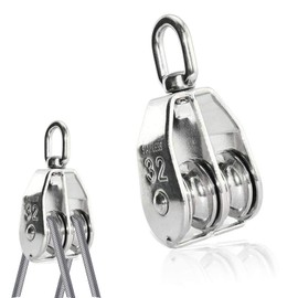 1 Pack M32 Umlenkrollen, Flaschenzug Edelstahl 304, Doppelrolle Seilrolle Wirbel Umlenkrollen, Schalen Seilrolle Metallrolle für Seile Stahlseil, Tragkraft 250kg - Silber