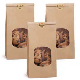 Eupako 4.5x2.36x9.6" Bakery Bags With Window - 50 PCS Brown Tin Tie Tab Lock Kraft Paper Bags for Cookies, Coffee - Includes 50 PCS Handmade Stickers