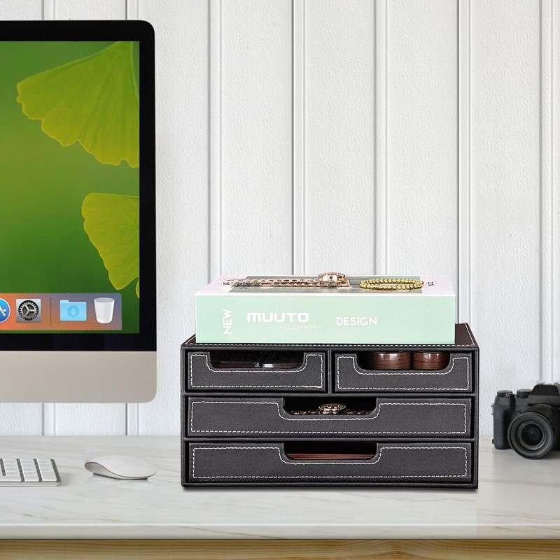 KINGFOM PU Leather Desk Organizer with 4 Drawers Small, Desktop