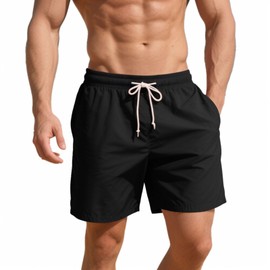 LUYIJIESHENG - Traje de baño para hombre, de 5 pulgadas, secado rápido, forro de malla, pantalones cortos de playa, para hombres, trajes de baño, Negro -, Large