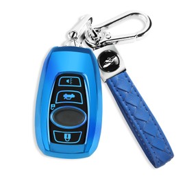 QBUC for Subaru Key Fob Cover with leather Keychain,fit for Forester Crosstrek Outback Ascent Impreza Legacy Subaru 4-Buttons(Blue)