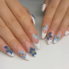 24Pcs Blue Flower Press on Nails Short Almond French Tip Fake Nails 3D Gold Rhinestones Flower Core Design Summer False Nails Cute Stick on Nails Full Cover Glue on Nails for Women Acrylic Nails