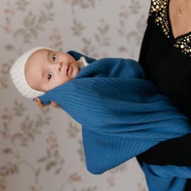 Bleu La La Organic Ribbed Swaddle Blanket for Boys & Girls - 100% Luxury Organic Soft Cotton Knit Warm Cozy Cuddle Stroller Crib Blanket for Newborns, Infants, & Toddlers (Denim Blue)