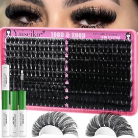Yaiseiko Lash Clusters Kit 100D+200D Thick Volume Eyelash Clusters Kit 12-25mm Wispy Individual Lashes D Curl Long Cluster with Lash Bond and Seal Waterproof DIY Lash Extension Kit(KIT-280PCS)