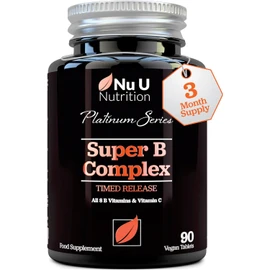 Nu U Nutrition Super Vitamin B Complex – High-Absorption Methylated B Vitamins with Vitamin C – 90 Timed-Release Vegan Tablets (3-Month Supply) – B1, B2, B3, B5, B6, B8, B9, B12 – Made in the UK