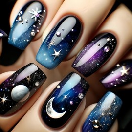 Starry Sky Press on Nails Medium Coffin OFDNE Fake Nails False Nails with Moon Stars Designs Purple Blue Gradient Full Cover Glossy Glue on Nails Acrylic Nails for Women Girls 24 Pcs