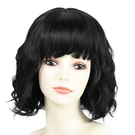 BUYOGET Wavy Bob Wig with Bangs Synthetic Hair Shoulder Length 12 Inch Short Curly Wigs for Women Natural Black
