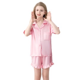 QZH.DUAO Girls Satin Pajamas Set Button Down 2 Piece Silk Pjs Shorts Set Ruffle Sleepwear, Pink, 7-8 Years