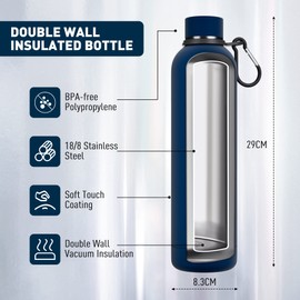 Exllena Insulated Water Bottles 1l with Clip, Double Wall Vacuum Drinks Bottle Keeps Drinks Cold 24 Hrs/Hot 12 Hrs, Stainless Steel Water Bottle BPA Free (Dark Blue)