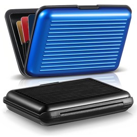 PYEUIFT Pack of 2 Aluminium Credit Card Holder, Credit Card Holder, Waterproof Business Card Holder, Mini RFID Blocking Metal ID Organiser, Wallet for Women, Men, Black, Blue
