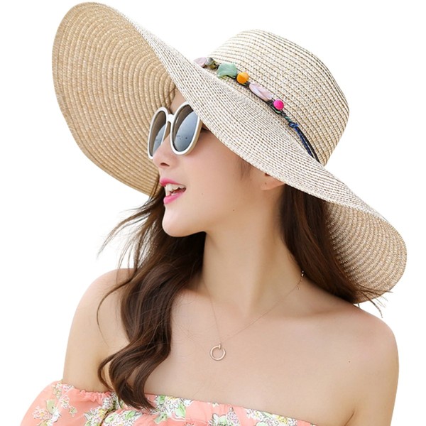 Lanzom Womens Wide Brim Summer Straw Hat Floppy Foldable Roll up Cap Beach Sun Hats UPF 50+(Style A-Khaki)