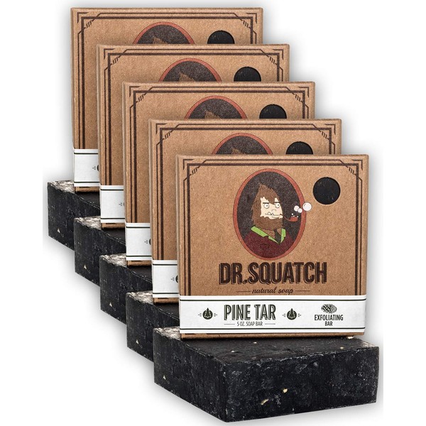 Dr. Squatch Pine Tar Soap 5-Pack Bundle – Mens Bar with Natural Woodsy Scent and Skin Exfoliating Scrub – Handmade with Pine, Coconut, Olive Organic Oils in USA (5 Bar Set)