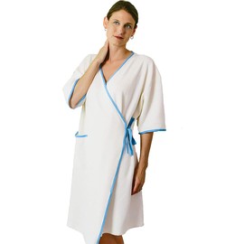 Plus Size Women’s Designer Maternity Robe - Labor And Delivery Gown - Tie Closure Delivery Gown For Hospital Maternity - Breastfeeding Nightgown – White With Periwinkle Trim