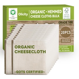 Organic Cheesecloth Bulk, GOTS Certified,20PCS,Grade 100,20x20Inch Hemmed Cheese Cloths Fabric Reusable Fine Mesh Cloth,100% Cotton Unbleached Muslin Bulk Cheesecloth Roll for Straining,Cooking,Cheese