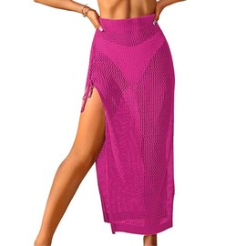 ZAFUL Women's Swimsuit Cover Up Crochet Sheer Knit Side Slit Maxi Beach Skirt Sarong (1-Hot Pink, XL)