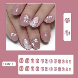 24Pcs Short Press on Nails RTKHFZE Pink Fake Nails with White Butterfly and Rhinestones Designs Press Ons False Nails Square Full Cover Acrylic Nails Stick on Nails for Women and Girls