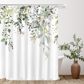 Tititex Green Eucalyptus Shower Curtain Sets, Watercolor Leaves on The Top Plant with Floral Bathroom Decoration 72x84 Inch with Hooks