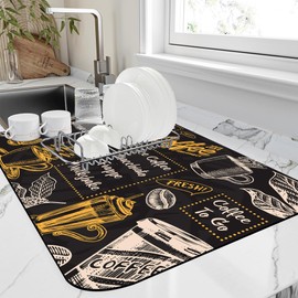 FTJHKUY Coffee Mat Vintage Coffee Poster Coffee Drying Mat,16"X24" Coffee Bar Mat for Kitchen Countertop Coffee Maker Coffee Pot Dish Drying Mat,Absorbent Hide Stains Rubber Backed Drying Mat