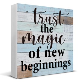 Trust the Magic of New Beginnings Wooden Box Sign Desk Decor, Inspirational Quote Wood Box Sign for Home Office Shelf Table Decoration 5 X 5 Inch