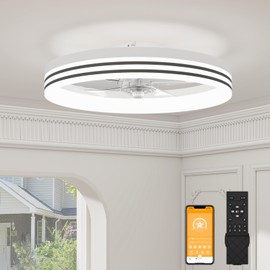 VOLISUN Low Profile Ceiling Fans with Lights and Remote, 19.7in Flush Mount Ceiling Fan with Light, 3000K-6500K Dimmable Fandelier LED Fan Light, White Bladeless Ceiling Fans with Lights for Bedroom