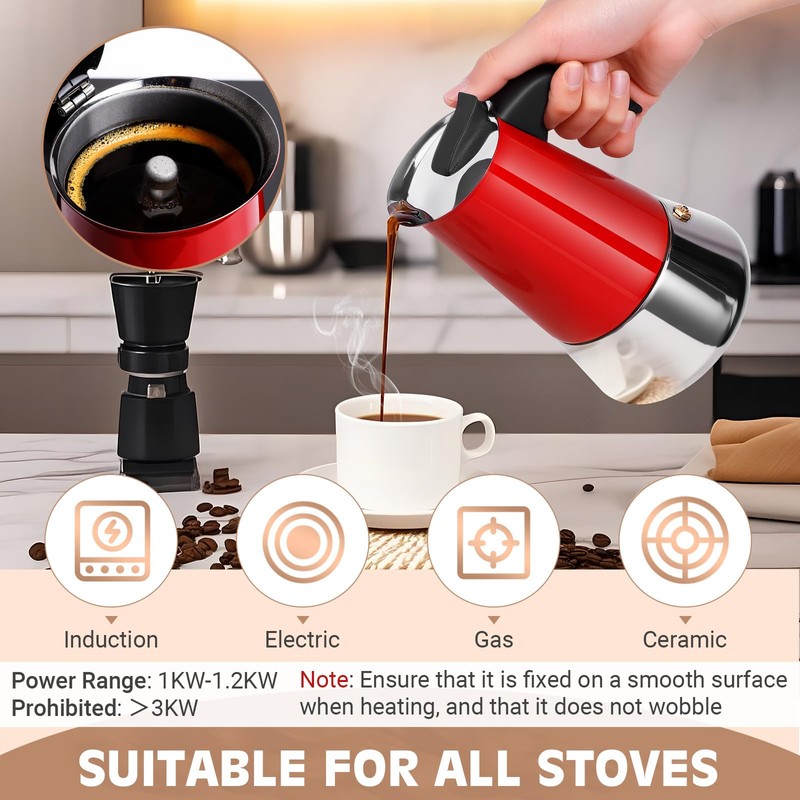 Suiitat Moka Pot, 6 Cups (10.6 oz) Stovetop Espresso Maker,