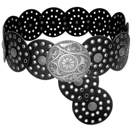 Buywis Wide Disc Belt for Women Boho Disk Concho Leather Belts Western Waist Belts for Dress 115CM Black Silvery