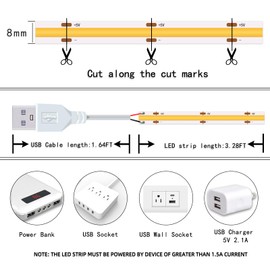 UVTaoYuan Led Strip Lights 5V USB LEDs Display Cabinet Lighting COB LED Strip Light 3000K Warm White Not Dimmable Flexible led Lights for Home DIY Lighting TV Lights Indoor Use (3.28FT/3000K)
