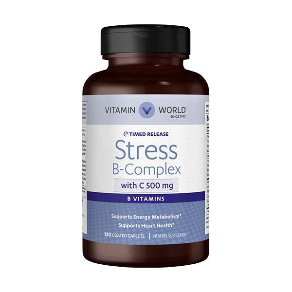 Vitamin World Stress B-Complex with 500 mg. Vitamin C Timed Release 120 Caplets, Vegetarian, Coated, Timed-Release