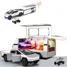 Cybertruck Toy Model with RV Motorcycle Cyberquad Alloy Die-cast Model Car Pickup 1/32 Toy Race Cars with Sound and Light Effect Ideal Gift for Kids Adult Age for 3 YearOld and Up (Silver)