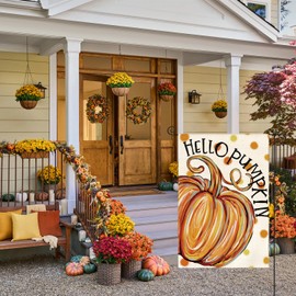 AVOIN colorlife Hello Pumpkin Fall Garden Flag 12x18 Inch Double Sided Outside, Polka Dots Seasonal Yard Outdoor Flag